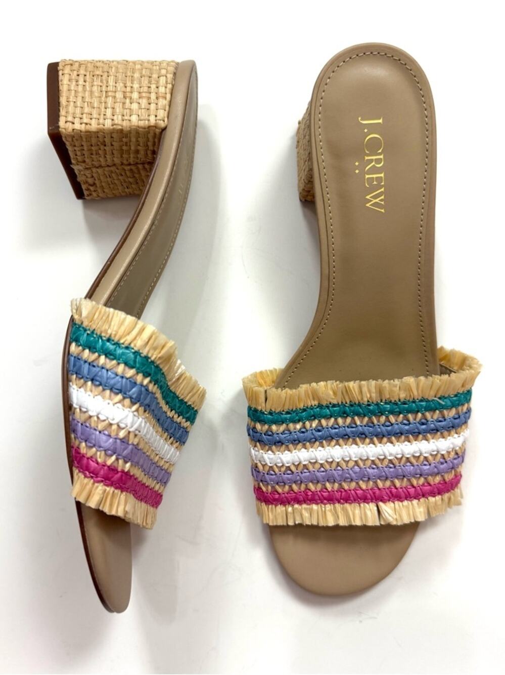 J. Crew Woven Mule Heels in Rainbow Raffia